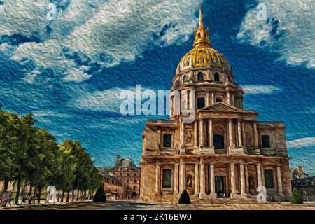 Façade du Palais des Invalides avec le dôme doré en une journée ensoleillée à Paris. La charmante capitale de la France. Filtre à peinture à l'huile. Banque D'Images