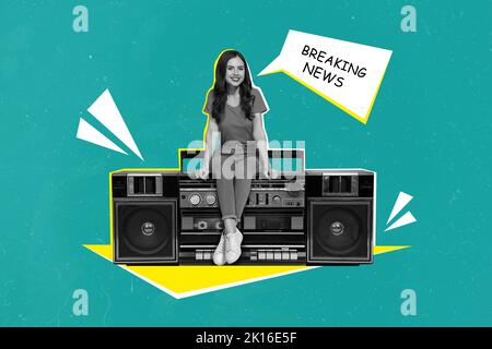 Collage 3D image de pinup pop rétro croquis de mini belle femme assis boombox radio enregistreur de la diffusion des dernières nouvelles Banque D'Images