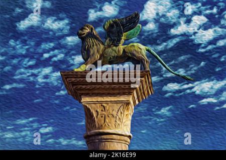 Colonne avec le lion ailé, symbole de Venise, sur la Piazza San Marco, Venise. La ville marine historique et étonnante du nord de l'Italie. Filtre à peinture à l'huile. Banque D'Images