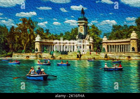 Les gens pagayent sur la piscine à réflexion du parc El Retiro à Madrid. La capitale de l'Espagne, avec une vie culturelle intense. Filtre à peinture à l'huile. Banque D'Images