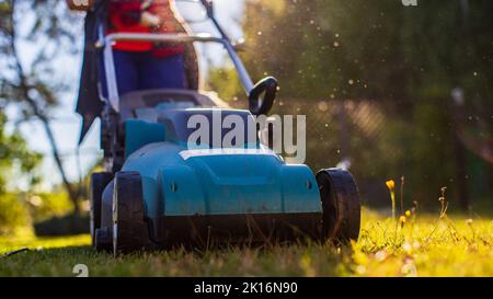 Déplacement de pelouse sur l'herbe verte dans le jardin moderne ou arrière-cour. Machine pour couper les pelouses. Outils et équipements de jardinage Banque D'Images