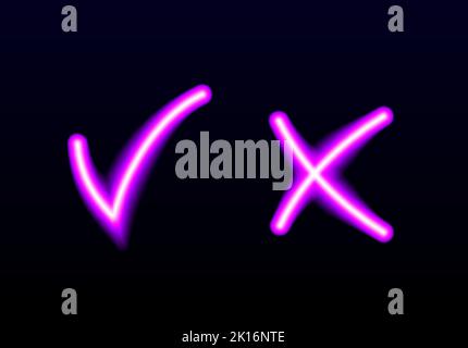 Néon lumineux oui et pas de coches. Vérifier les signes de brillance et de croisement. Voter approuver et rejeter les icônes lumineuses. Emblèmes X et V. Illustration de Vecteur