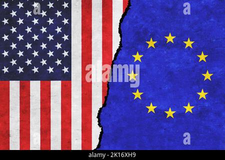 Relations entre les États-Unis et l'Union européenne. L'UE et les États-Unis d'Amérique drapeaux ensemble Banque D'Images