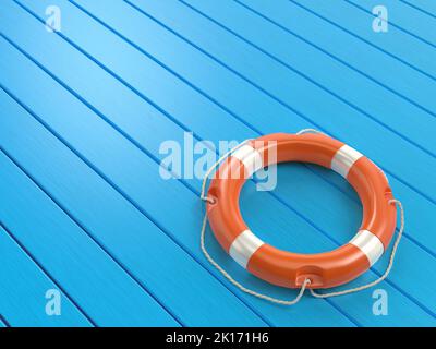 Bouée de sauvetage orange sur un parquet bleu Banque D'Images