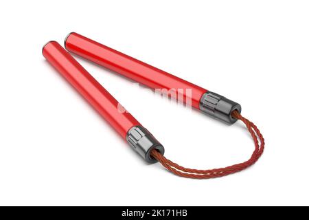 Nunchaku rouge avec cordon sur fond blanc Banque D'Images