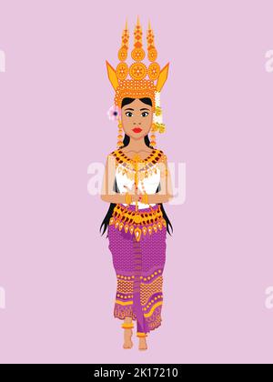 Une verticale d'une danseuse Apsara en robe traditionnelle cambodgienne sur fond rose Illustration de Vecteur