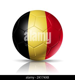 Ballon de football 3D avec drapeau de l'équipe belge. Isolé sur blanc avec passe-cheveux. Football 2022. Illustration Banque D'Images