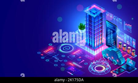 Architecture de développement systèmes informatiques de bâtiment intelligent. Conception de construction moderne avec commandes d'ai. Projet de construction de maison intelligente Illustration de Vecteur
