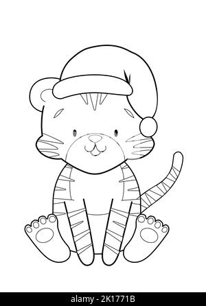 livre de coloriage avec un joli tigre dans un chapeau de noël Illustration de Vecteur