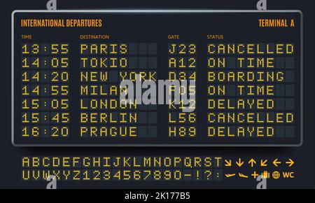 Carte aéroport LED. Table de départ, écran d'information et jeu de vecteurs de police numérique du terminal de la compagnie aérienne Illustration de Vecteur