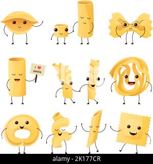 Personnages de pâtes italiennes de dessin animé. Produits de nouilles amusants, mascotte de ravioli et cavatappi heureux. Fettuccine, cannelloni et rigatoni vecteur de dessin animé Illustration de Vecteur