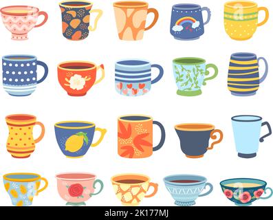Gobelets de dessin animé. Tasse à thé, tasse à café et tasse de cuisine anglaise vintage. Ensemble d'illustrations vectorielles pour la cérémonie du thé Illustration de Vecteur