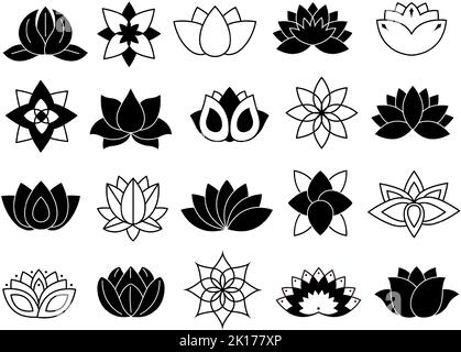 Symbole Lotus. Fleurs de Mandala, fleurs de nénuphars et méditation ou ensemble de vecteurs d'icône de yoga Illustration de Vecteur