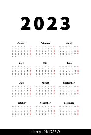 calendrier vertical simple de 2023 ans en anglais, calendrier typographique isolé sur blanc Illustration de Vecteur