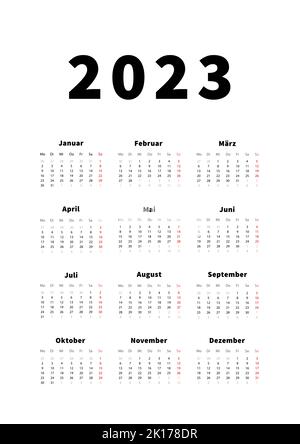 calendrier vertical simple de 2023 ans en langue allemande, calendrier typographique sur blanc Illustration de Vecteur