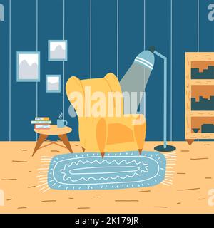 Décoration intérieure de séjour avec mobilier et décoration dans le style de dessin animé plat. Maison confortable avec fauteuil, étagère, table basse, cadre photo Illustration de Vecteur