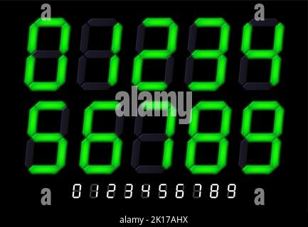 Numéros d'affichage lcd segmentés. Panneaux de minuterie numérique, compteur d'horloge technique ou rétro-LED calculatrice écran police vecteur jeu de vecteur Illustration de Vecteur