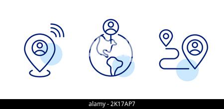 Ensemble de pointeurs de carte indiquant l'emplacement de l'appareil personnel. Epingler le globe terrestre et le suivi de trajectoire. Icônes Pixel Perfect Line art Illustration de Vecteur