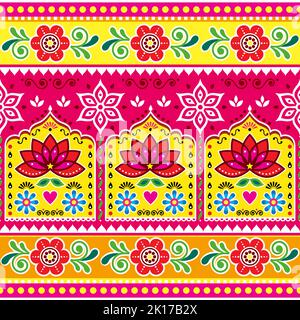 Motif vectoriel sans couture inspiré de l'art des camions indiens et pakistanais avec fleurs de lotus, motif Diwali floral rétro et folk coloré Illustration de Vecteur