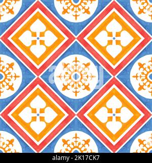 Ornement de carreaux géométriques dans les couleurs orange et bleu. Motif patchwork sans couture. Pour la conception de tissus, décor, cartes postales, couvertures, intérieurs. Banque D'Images