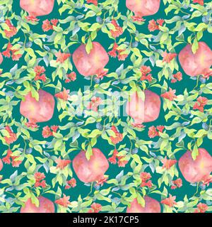 Grandes grenades sur les branches avec des feuilles vertes et des fleurs rouges. Motif fruits aquarelle entrelacés. Illustration du tissu, du papier peint, des couvertures. Banque D'Images