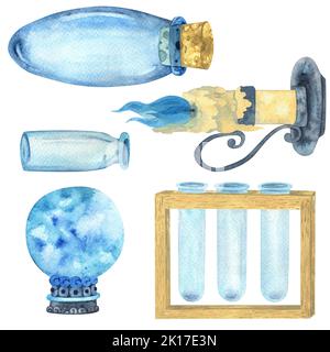Un ensemble d'objets magiques en verre : ballon, flacons. Dessin aquarelle en bleu et beige. Convient à la création de motifs, de cartes postales et à l'impression de tirages. Banque D'Images