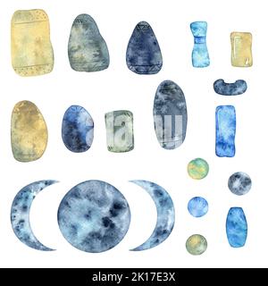 Éléments pour créer des cartes mystiques : les jalons, la lune, les perles. Aquarelles bleu, beige et indigo. Vous pouvez créer vos propres cartes uniques Banque D'Images