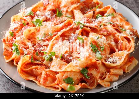 Pâtes italiennes florentines Pappardelle alla Fiesolana avec tomates, bacon, oignons, ail et parmesan sur une assiette sur la table. Horizon Banque D'Images