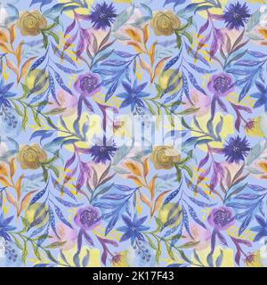 Motif fleuri sans couture avec fleurs aquarelle. Fleurs et branches violettes et jaunes sauvages sur fond bleu. Illustration dessinée à la main pour les tissus Banque D'Images