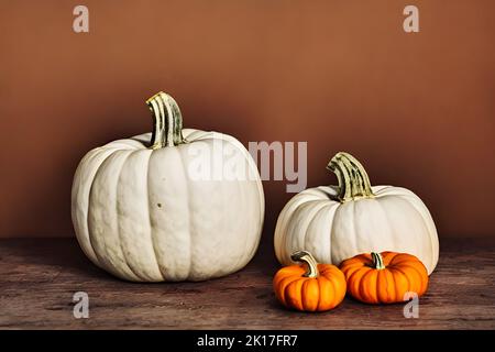 Les citrouilles blanches et orange sur le comptoir en bois contre le mur - arrière-plan Halloween avec espace d'imitation Banque D'Images