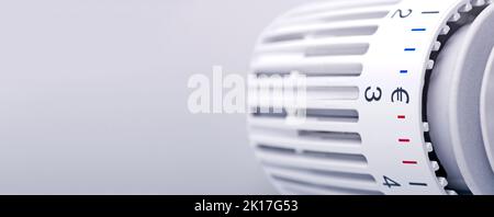 Thermostat d'un radiateur de chauffage avec symbole Euro, augmentation des coûts pour le concept de chaleur et d'énergie. Image panoramique avec espace de copie. Banque D'Images