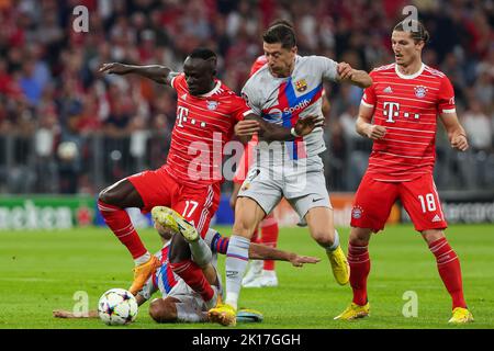 MUNCHEN, ALLEMAGNE - SEPTEMBRE 13 : Sadio Mane du FC Bayern Munchen bataille pour le bal avec Robert Lewandowski du FC Barcelone lors du match du groupe C - Ligue des champions de l'UEFA entre le FC Bayern Munchen et le FC Barcelone à l'Allianz Arena on 13 septembre 2022 à Munchen, Allemagne (photo de DAX Images/Orange Pictures) Banque D'Images