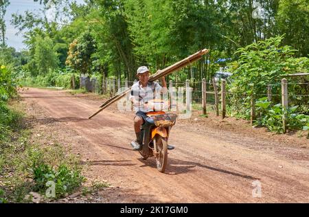 Un homme sur une moto sur une route rurale porte des bâtons de bambou sur son épaule. Banque D'Images