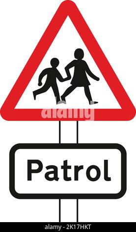 Patrouille à l'avant du passage à niveau de l'école (certains panneaux sont dotés de feux orange qui clignotent lorsque les passages à niveau sont en cours d'utilisation), du panneau de signalisation routière, des panneaux donnant des ordres, Illustration de Vecteur