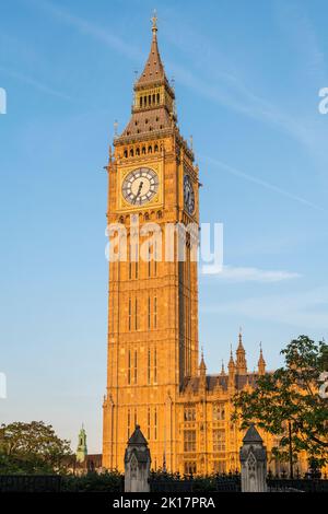 La tour de 96m heures de Big Ben (la tour Elizabeth), qui fait partie du Palais de Westminster, après ses 4 dernières années de rénovation, à la lumière de la fin de la soirée Banque D'Images