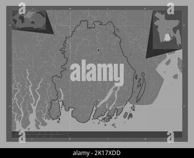 Barisal, division du Bangladesh. Carte d'altitude à deux niveaux avec lacs et rivières. Cartes d'emplacement auxiliaire d'angle Banque D'Images