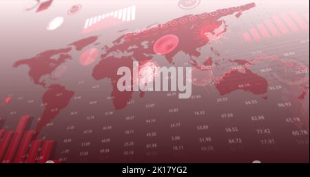 Image des cellules Covid 19 du coronavirus avec enregistrement des statistiques graphiques et traitement des données sur la carte du monde sur fond blanc. Coronavirus Covid 19 tartii Banque D'Images