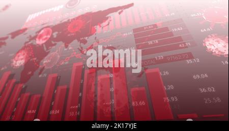 Image des cellules Covid 19 du coronavirus avec enregistrement des statistiques graphiques et traitement des données sur la carte du monde sur fond blanc. Coronavirus Covid 19 tartii Banque D'Images