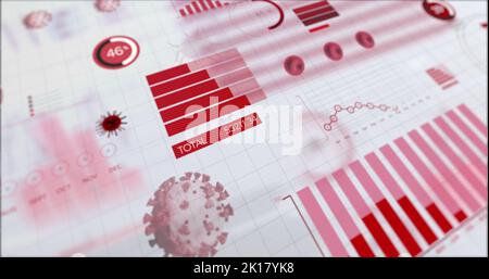 Image des cellules Covid 19 du coronavirus avec enregistrement des statistiques graphiques et traitement des données sur fond blanc. Coronavirus Covid 19 propagation de la pandémie c Banque D'Images