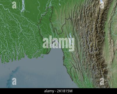 Chittagong, division du Bangladesh. Carte d'altitude colorée en style wiki avec lacs et rivières Banque D'Images