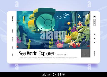 Page d'accueil de la bande dessinée Sea World explorer. Paysage sous-marin avec sous-marin, sculptures en contrebas, poissons, coraux, plantes marines et animaux. oce tropical Illustration de Vecteur
