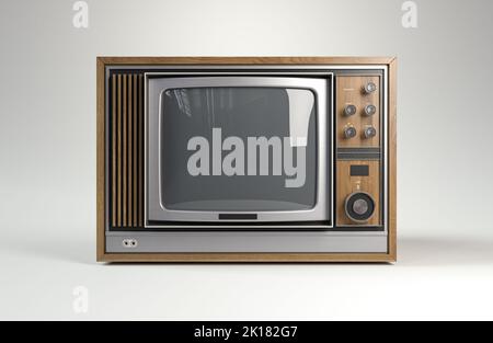 Un concept de télévision vintage des années 70 en plastique chrome et bois sur un fond studio blanc isolé - 3D render Banque D'Images