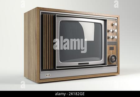 Un concept de télévision vintage des années 70 en plastique chrome et bois sur un fond studio blanc isolé - 3D render Banque D'Images