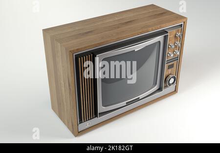 Un concept de télévision vintage des années 70 en plastique chrome et bois sur un fond studio blanc isolé - 3D render Banque D'Images