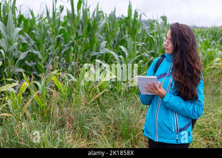 Jeune femme ethnique sérieuse vérifiant les plantes et prenant des notes dans le jardin Banque D'Images