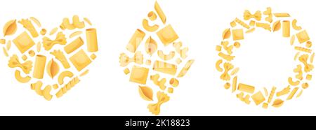 Icônes de pâtes. Affiche en forme de coeur, forme de diamant et cadre de cercle avec ensemble de fond de vecteur macaroni Illustration de Vecteur
