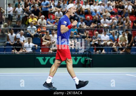 Jiri Lehecka tchèque célèbre la victoire après la coupe Davis - le groupe mondial I contre Daniel Cukierman d'Israël à tel Aviv, Israël, 16 septembre, Banque D'Images