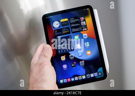 Paris, France - 25 octobre 2021 : nouvelle tablette Apple iPad mini pro avec recharge crayon sur fond d'acier - toutes les applications sur l'écran d'accueil Banque D'Images