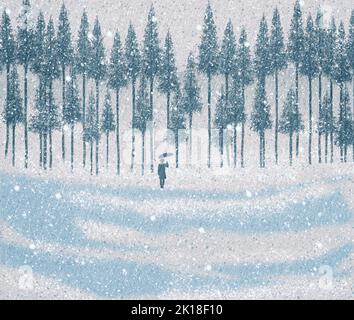 Un homme silhoueté avec un parapluie est vu dans une tempête de neige d'hiver avec une ligne d'arbres à feuilles persistantes et des flocons de neige tombant. Banque D'Images