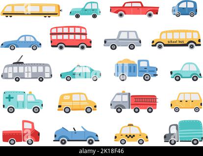 Voitures amusantes. Transport en commun coloré, véhicule de ville mignon pour les enfants. Jeu d'illustrations vectorielles pour autobus urbain et scolaire, voiture de taxi et camion de cabine simple Illustration de Vecteur